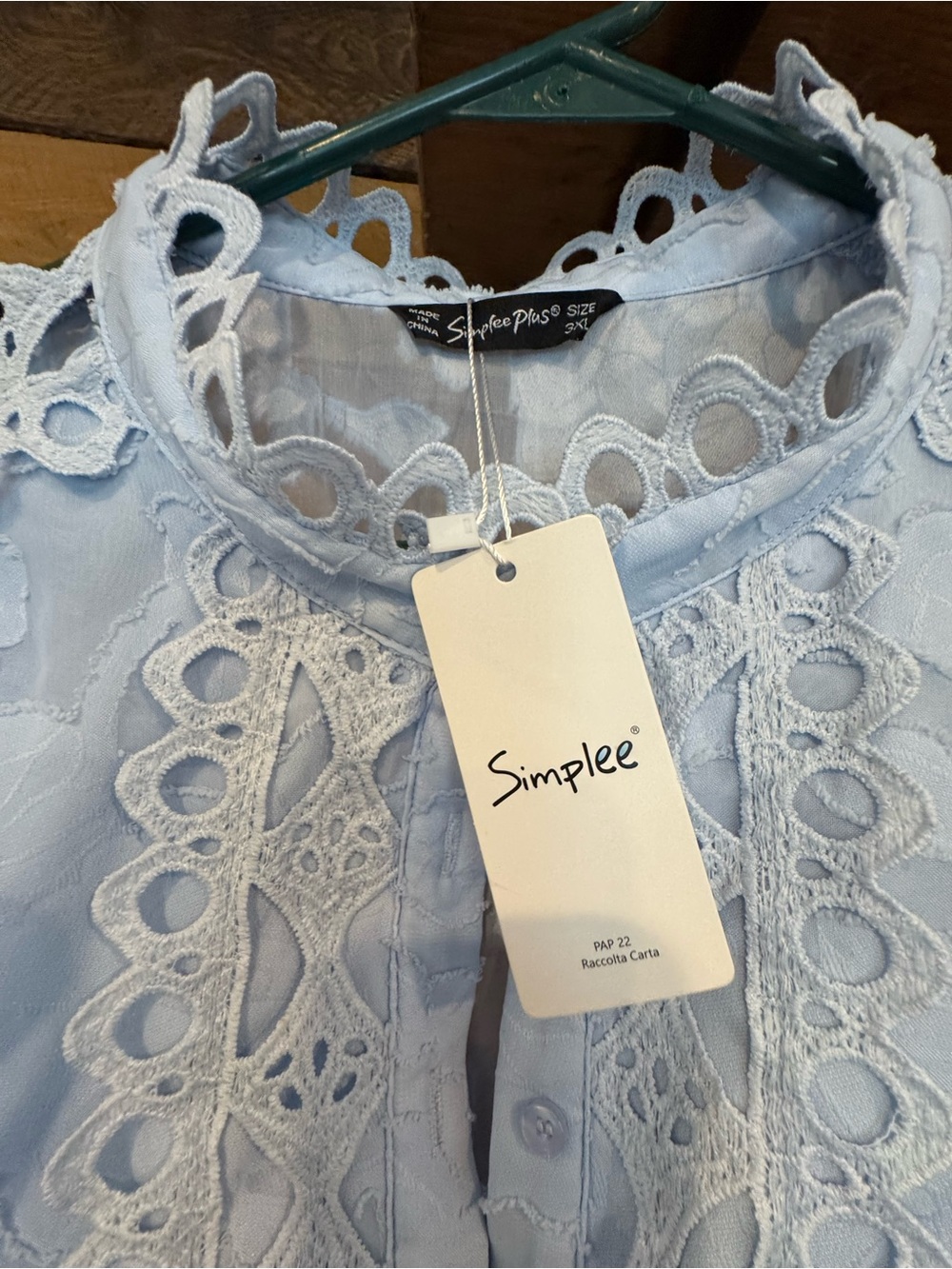 Simplee Light Blue Lace Trim Button-Front Chemise Top